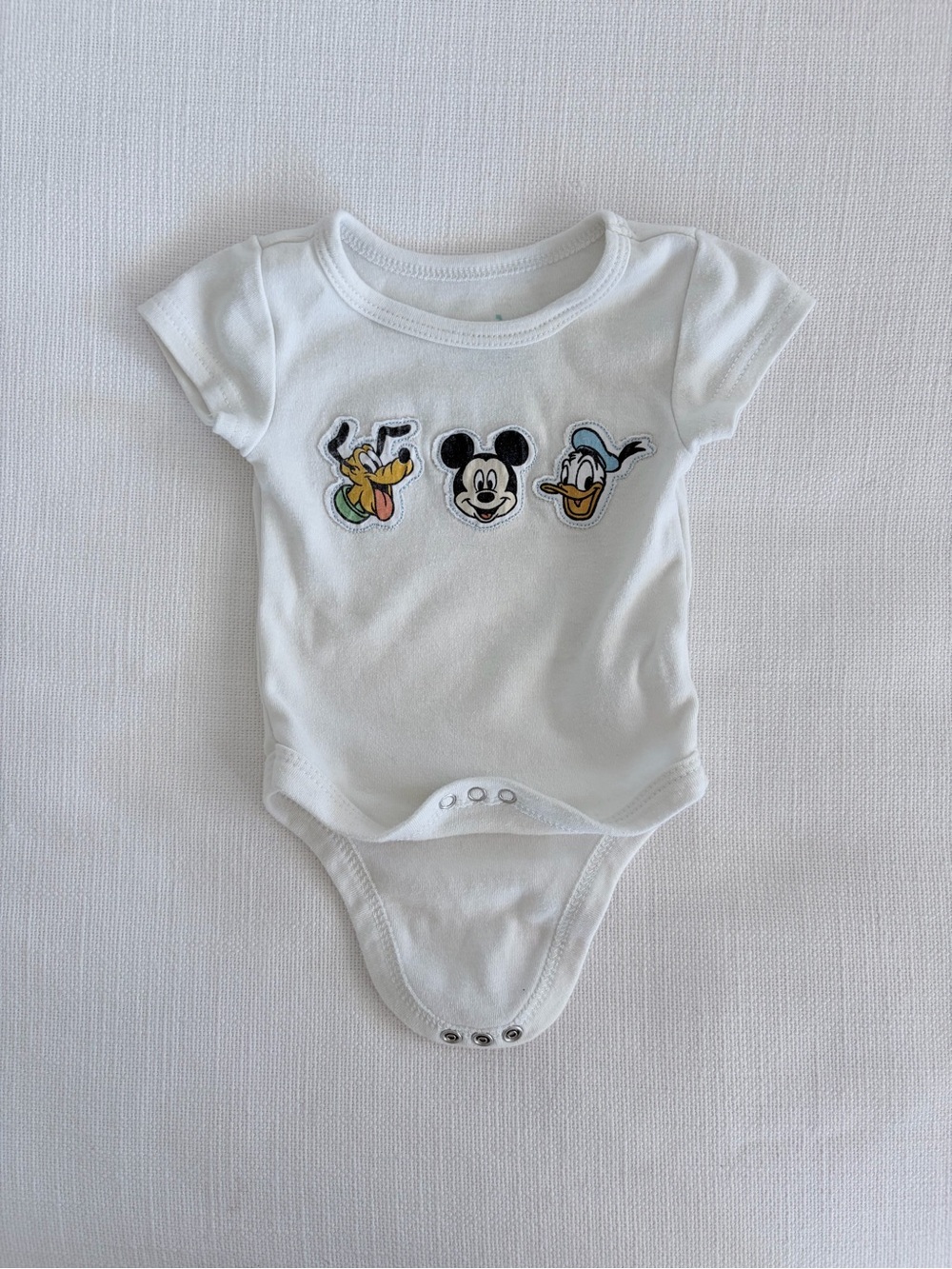 Disney White One-Piece Bodysuit with Mickey, Pluto & Donald Patch Trio